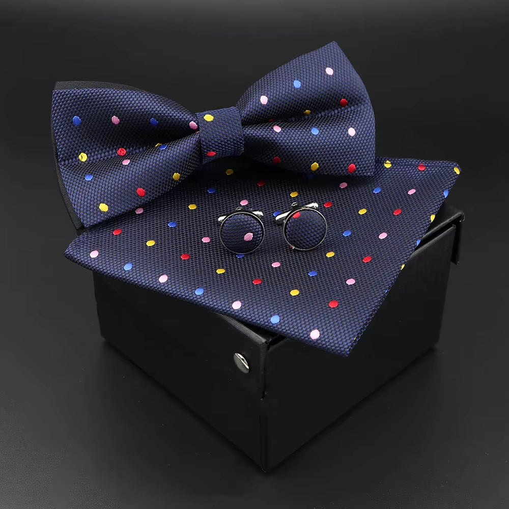 Solid Polyester Dots Bowtie Handkerchief Cufflinks Set Men Fashion Butterfly Party Wedding Bowties without Box Novelty Ties Gift