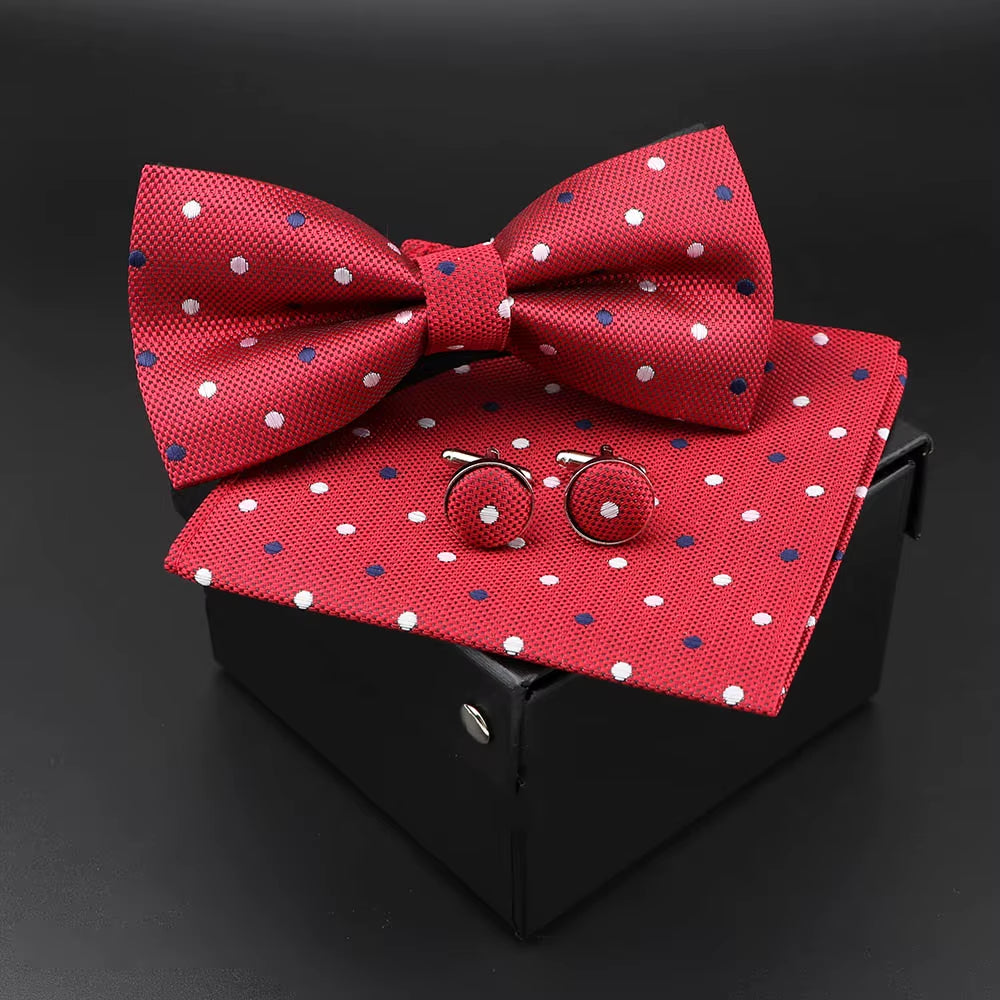 Solid Polyester Dots Bowtie Handkerchief Cufflinks Set Men Fashion Butterfly Party Wedding Bowties without Box Novelty Ties Gift