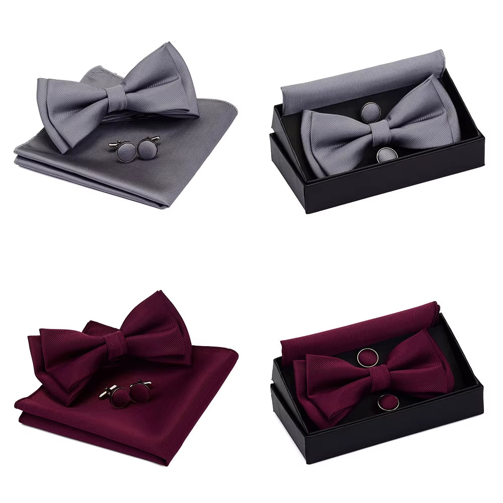 Quality Bowties for Wedding Mens Solid Color Two Layer Pre-Tied Bow Tie and Pocket Square Cufflinks Set with Gift Box