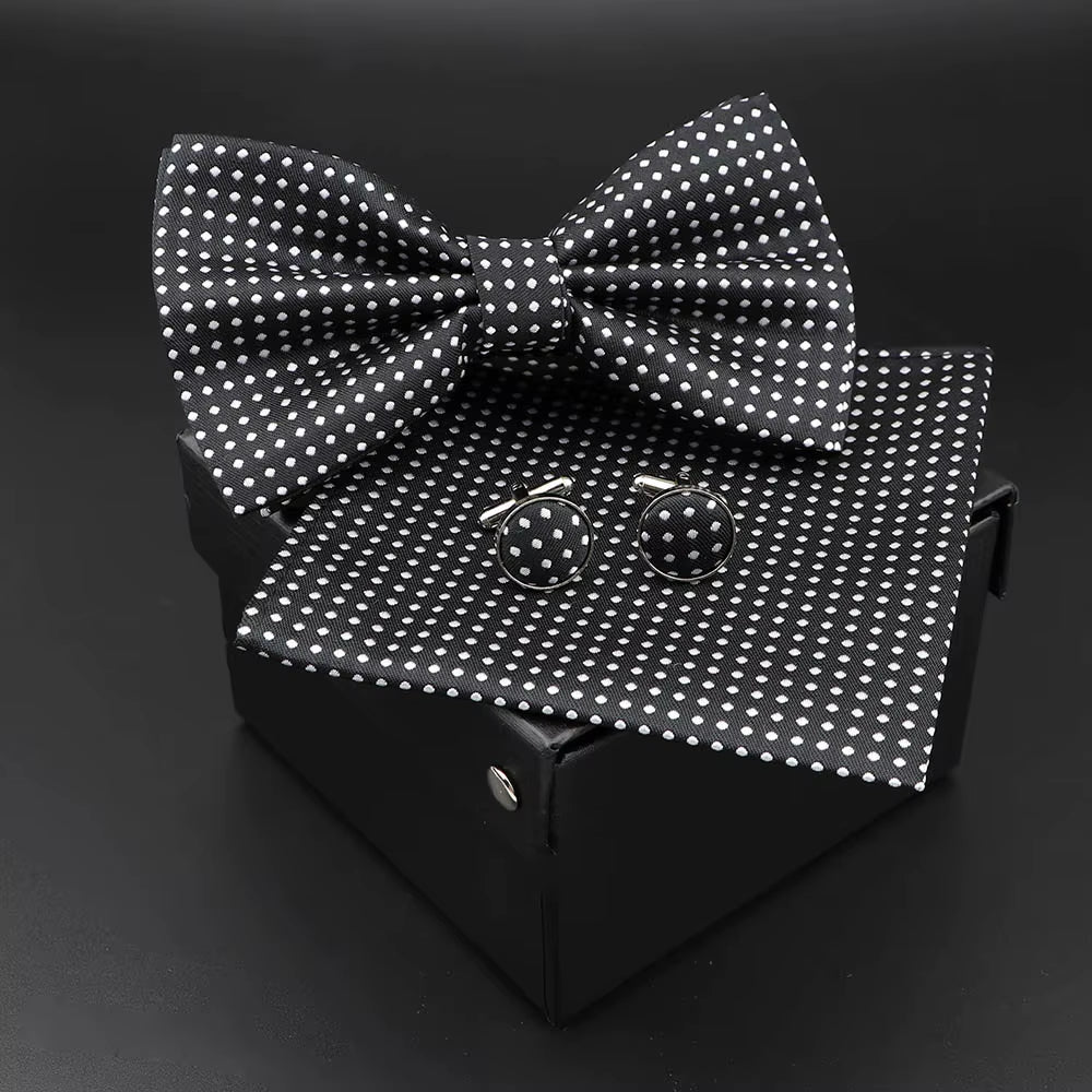 Solid Polyester Dots Bowtie Handkerchief Cufflinks Set Men Fashion Butterfly Party Wedding Bowties without Box Novelty Ties Gift