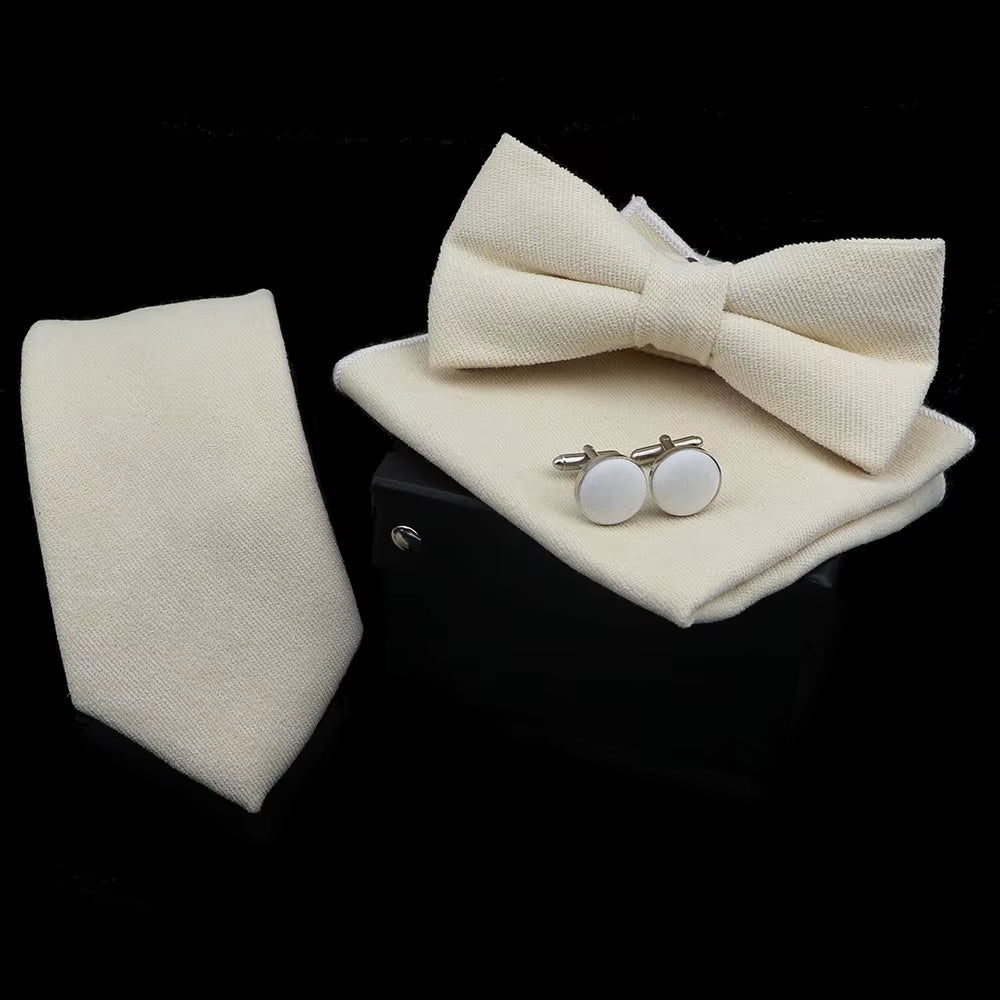 Solid Color Polyester Tie Bowtie Handkerchief Cufflinks Set Men Fashion Butterfly Wedding Necktie without Box Novelty Ties Gift