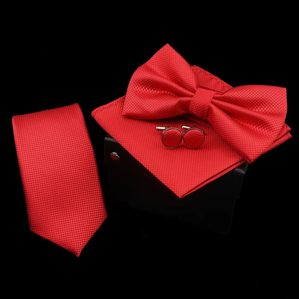 Solid Color Polyester Tie Bowtie Handkerchief Cufflinks Set Men Fashion Butterfly Wedding Necktie without Box Novelty Ties Gift