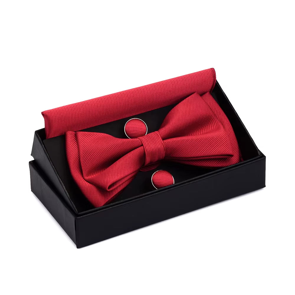 Quality Bowties for Wedding Mens Solid Color Two Layer Pre-Tied Bow Tie and Pocket Square Cufflinks Set with Gift Box