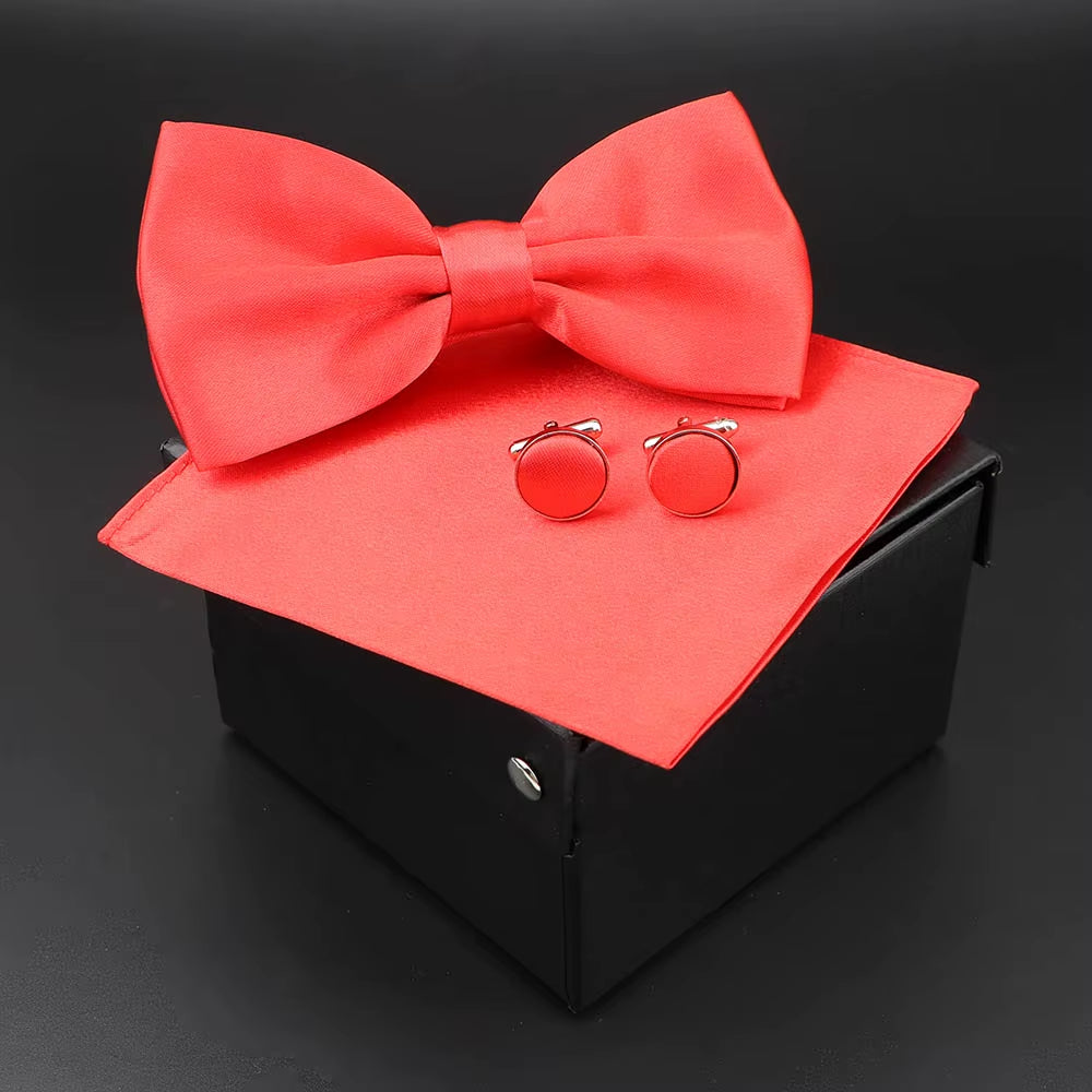 Solid Polyester Dots Bowtie Handkerchief Cufflinks Set Men Fashion Butterfly Party Wedding Bowties without Box Novelty Ties Gift