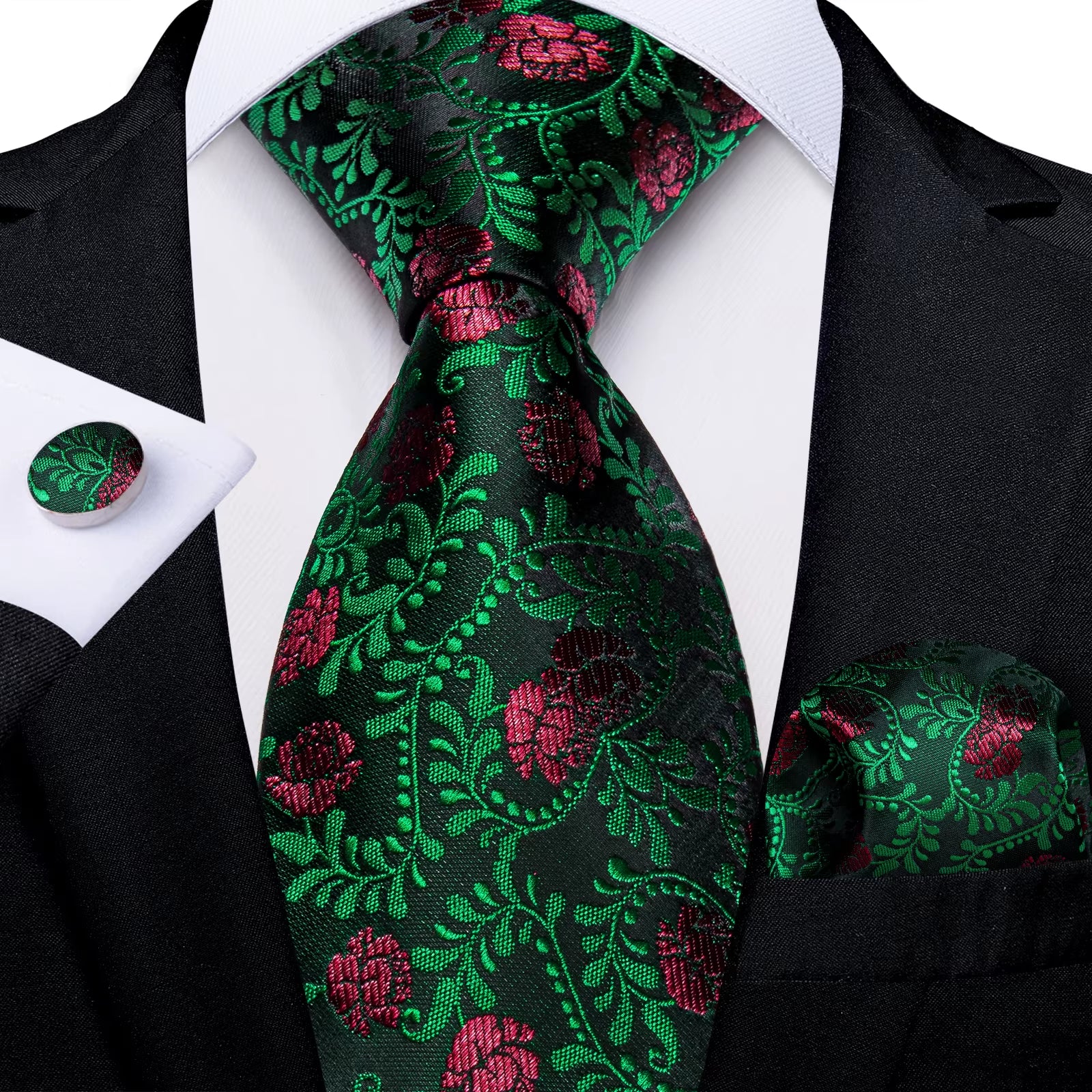 Black Red Rose Floral Ties for Men 8Cm Men'S Silk Neck Tie Handkerchief Cufflinks Set Business Wedding Tie Gift for Men