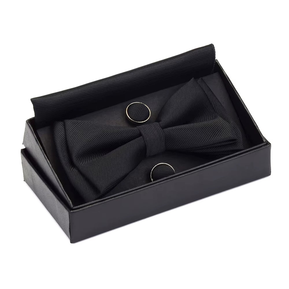 Quality Bowties for Wedding Mens Solid Color Two Layer Pre-Tied Bow Tie and Pocket Square Cufflinks Set with Gift Box