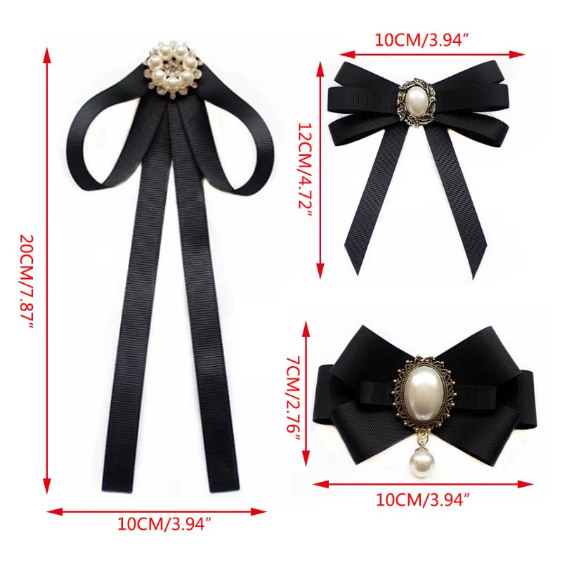 Imitation Pearl Ribbon Brooches Pin Bow Tie Vintage Pre-Tied Collar Jewelry Bowknot Shirt Necktie Clip for Women Girls