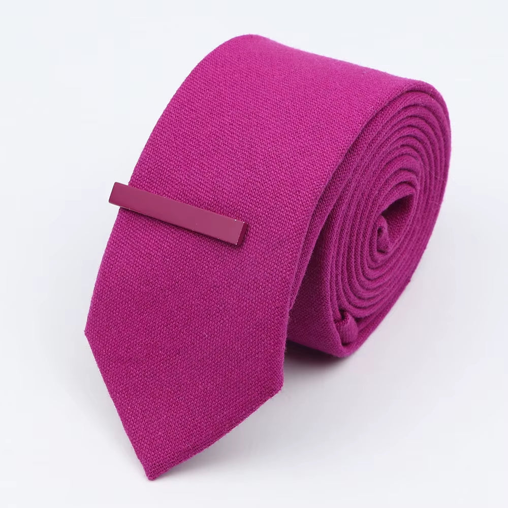 Tie&Clip Set Fashion 6Cm Solid Color Linen/Cotton Necktie Bright Ties Pin Clips Clasp Colourful for Men'S Clothing Accessories