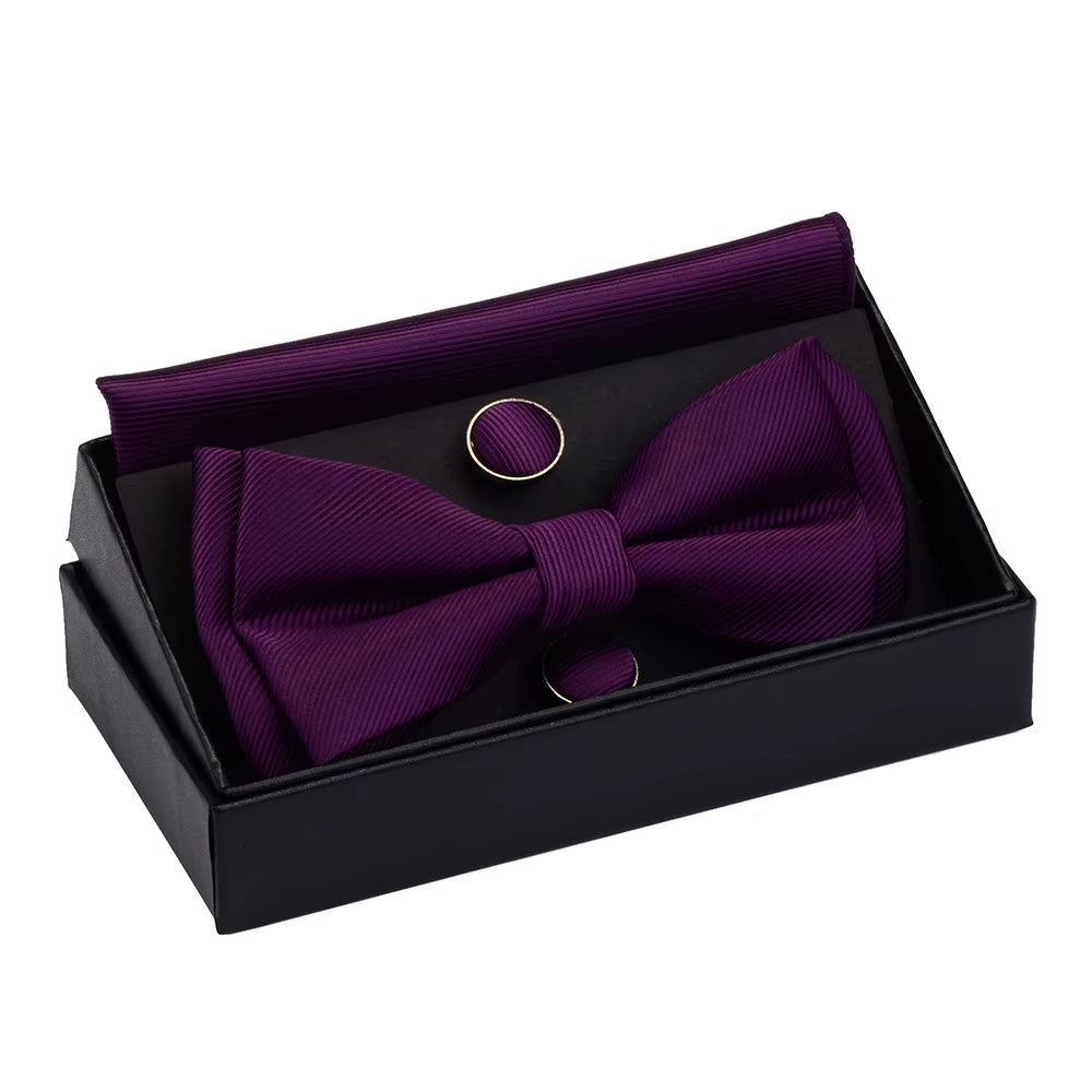 Quality Bowties for Wedding Mens Solid Color Two Layer Pre-Tied Bow Tie and Pocket Square Cufflinks Set with Gift Box