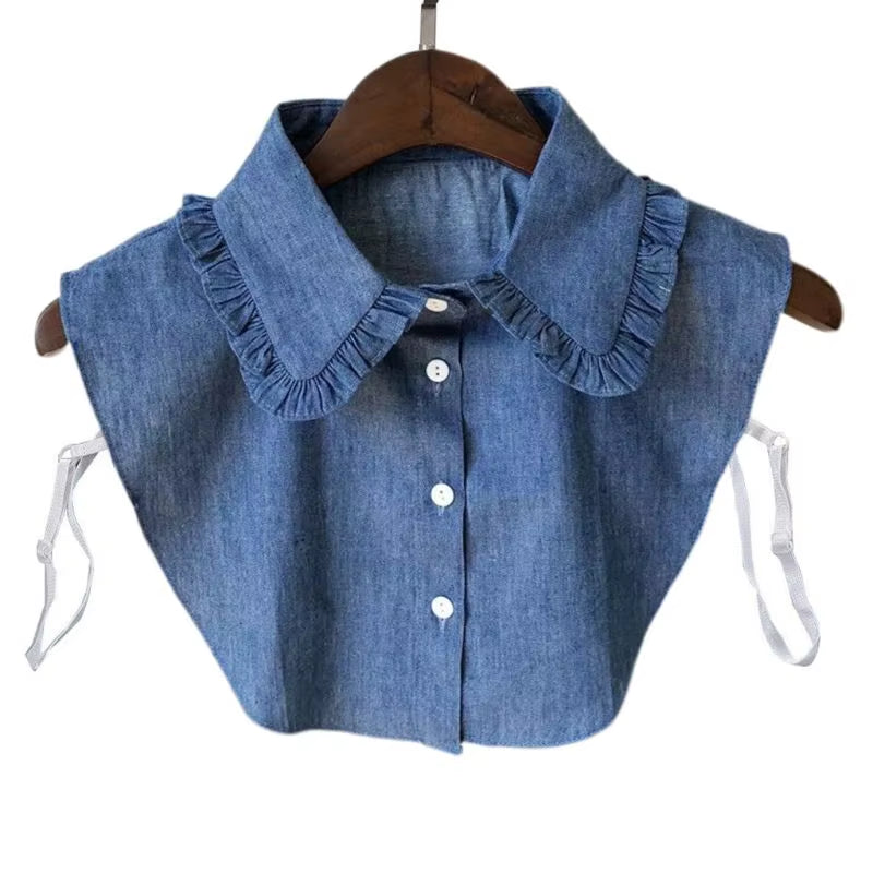 Minimalist Stripes Denim Women Detachable Lapel Fake Collar Cute Doll Ruffles Lace Splicing Button down False Half Shirt Blouse