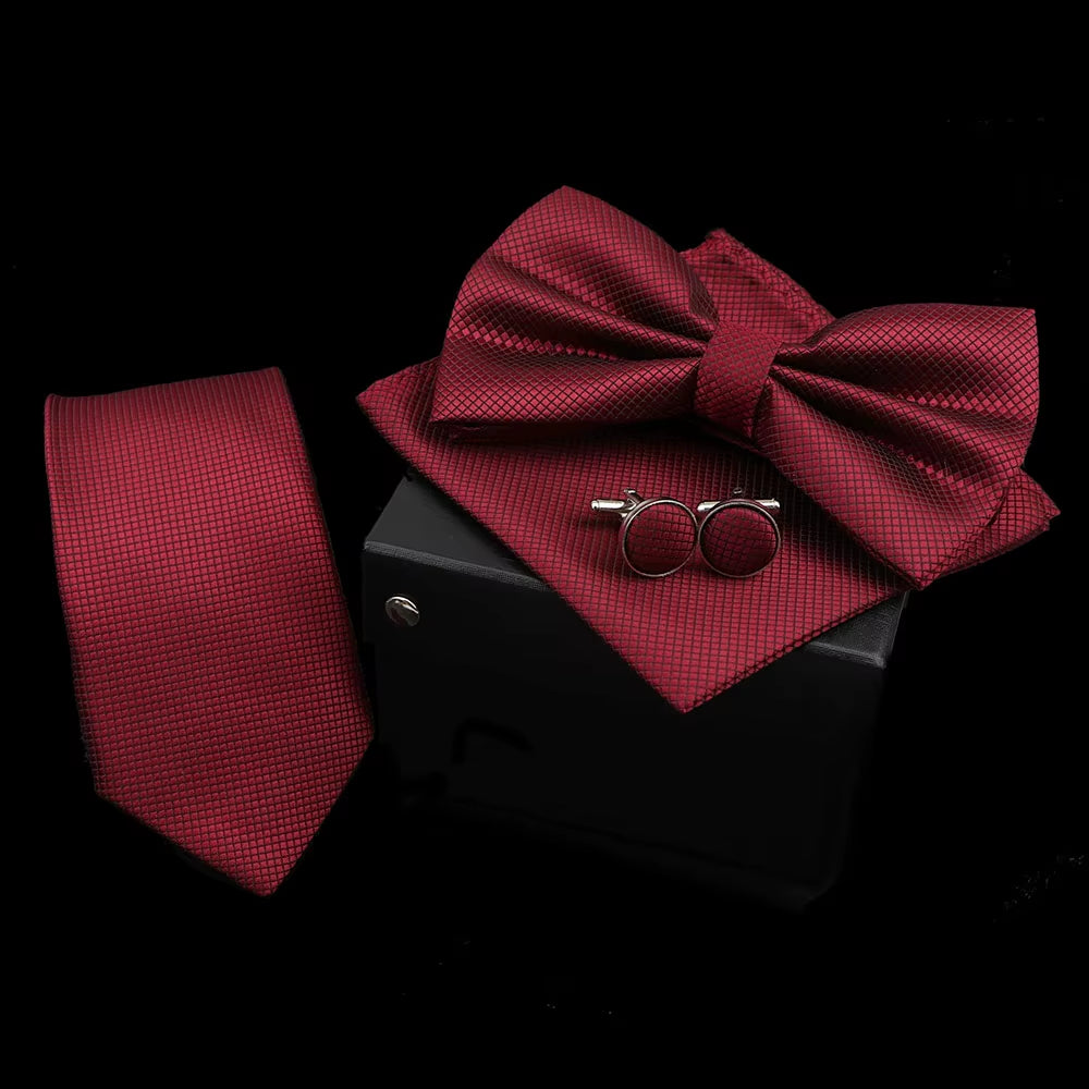 Solid Color Polyester Tie Bowtie Handkerchief Cufflinks Set Men Fashion Butterfly Wedding Necktie without Box Novelty Ties Gift