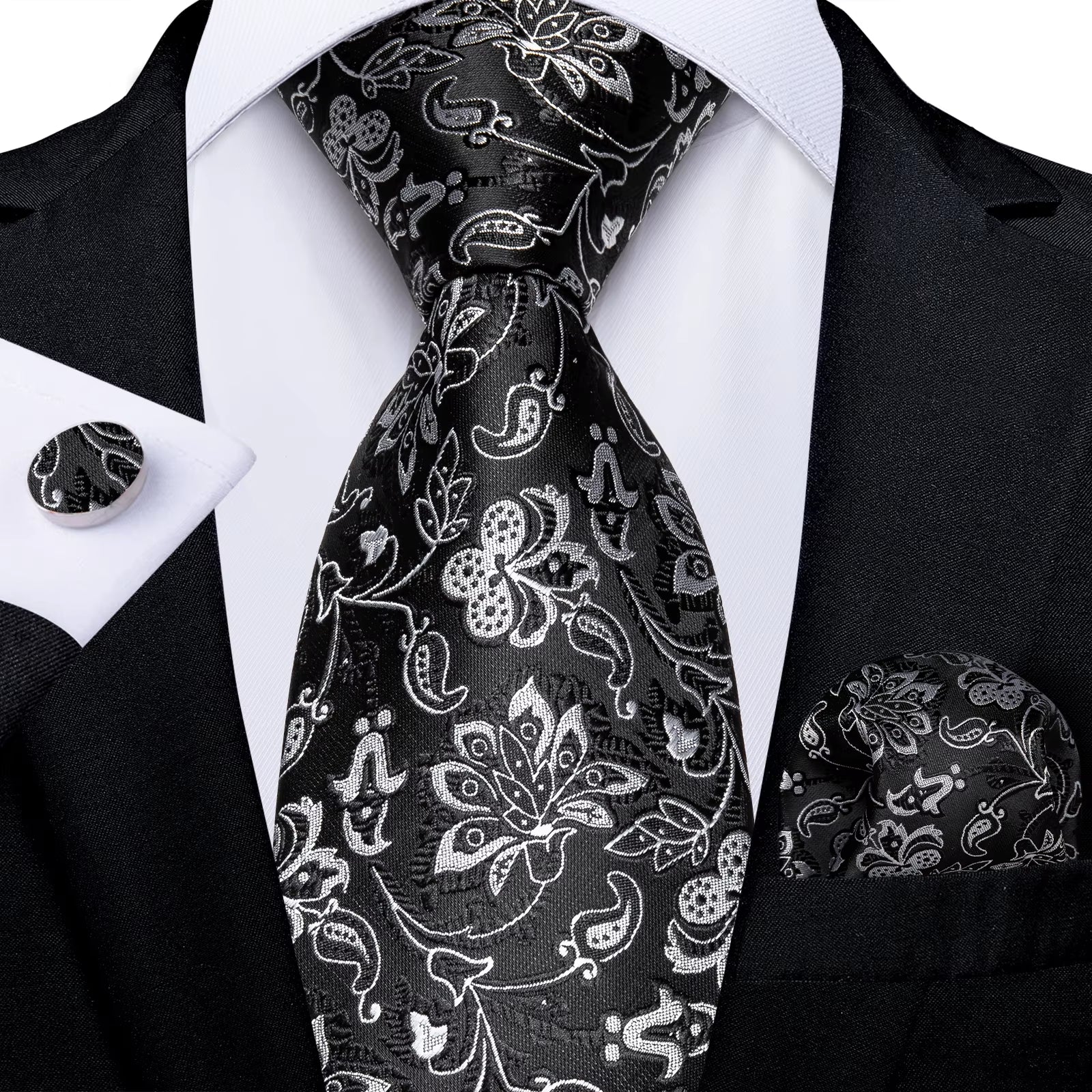 Black Red Rose Floral Ties for Men 8Cm Men'S Silk Neck Tie Handkerchief Cufflinks Set Business Wedding Tie Gift for Men