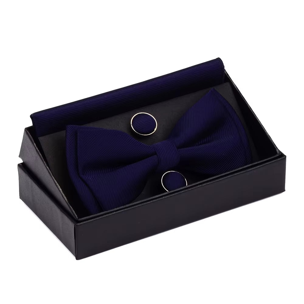 Quality Bowties for Wedding Mens Solid Color Two Layer Pre-Tied Bow Tie and Pocket Square Cufflinks Set with Gift Box