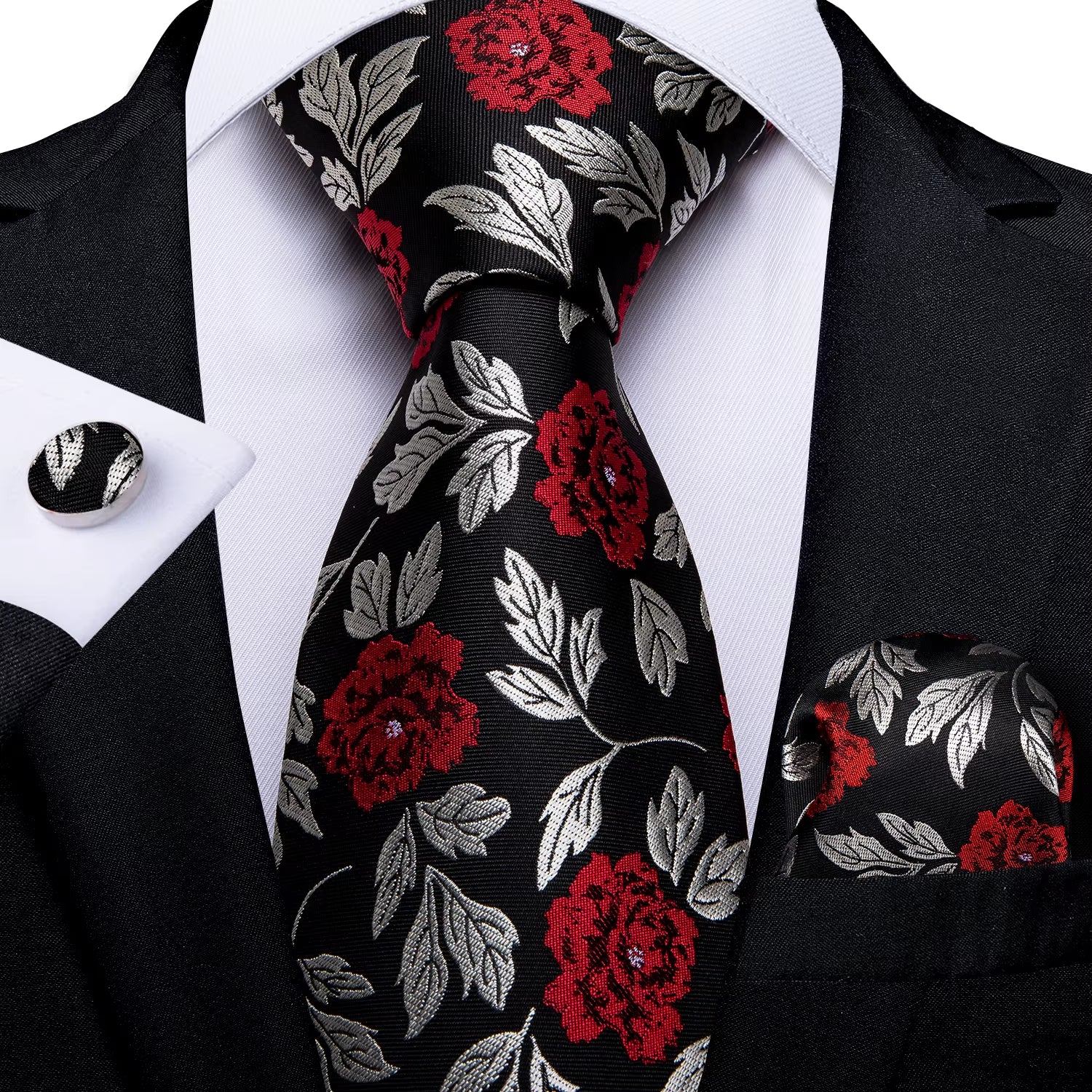 Black Red Rose Floral Ties for Men 8Cm Men'S Silk Neck Tie Handkerchief Cufflinks Set Business Wedding Tie Gift for Men