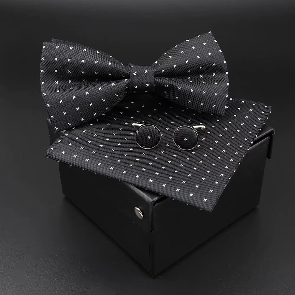 Solid Polyester Dots Bowtie Handkerchief Cufflinks Set Men Fashion Butterfly Party Wedding Bowties without Box Novelty Ties Gift