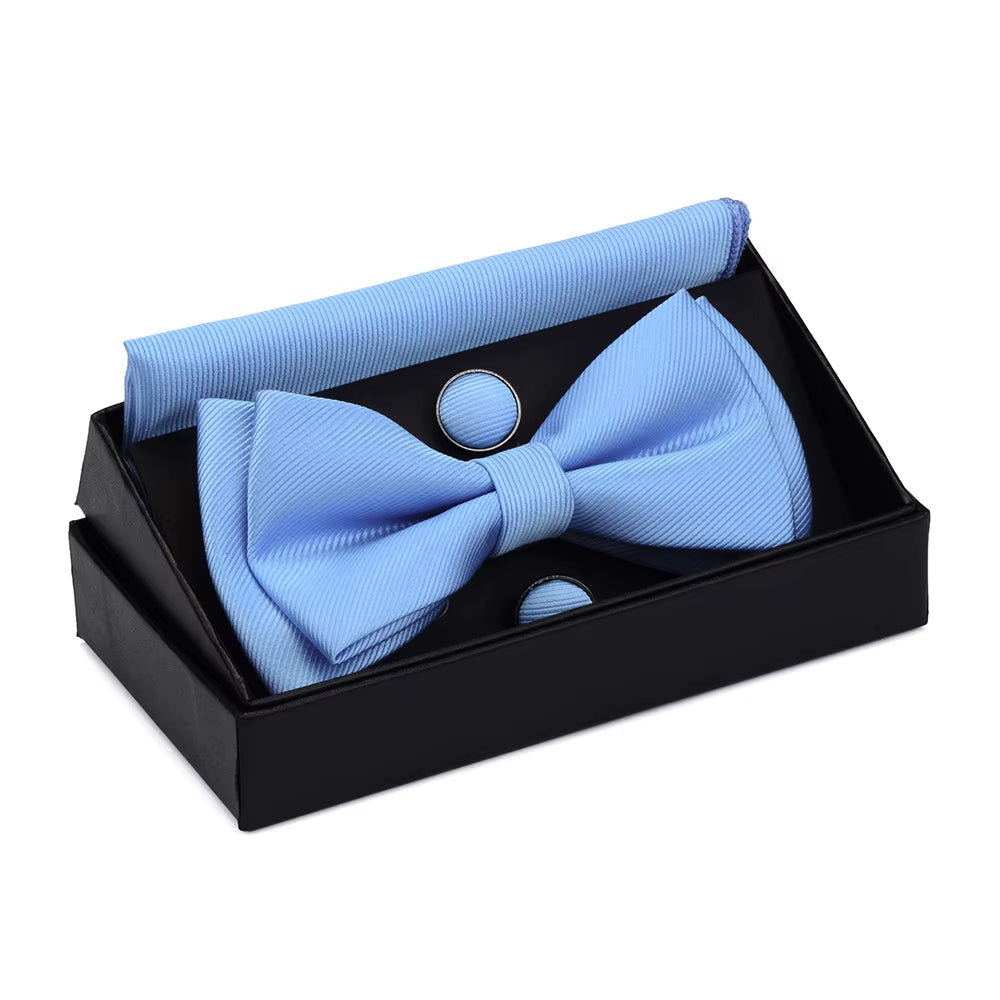 Quality Bowties for Wedding Mens Solid Color Two Layer Pre-Tied Bow Tie and Pocket Square Cufflinks Set with Gift Box