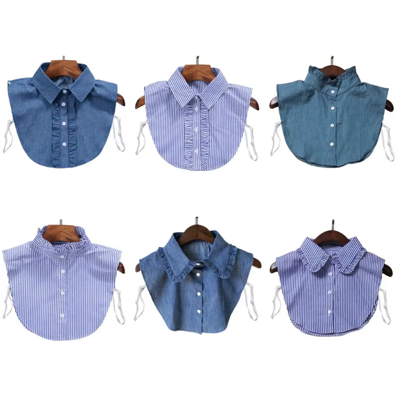 Minimalist Stripes Denim Women Detachable Lapel Fake Collar Cute Doll Ruffles Lace Splicing Button down False Half Shirt Blouse