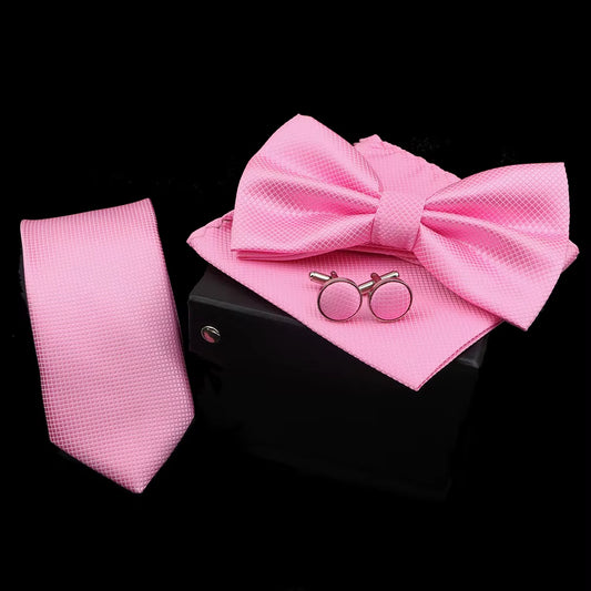 Solid Color Polyester Tie Bowtie Handkerchief Cufflinks Set Men Fashion Butterfly Wedding Necktie without Box Novelty Ties Gift