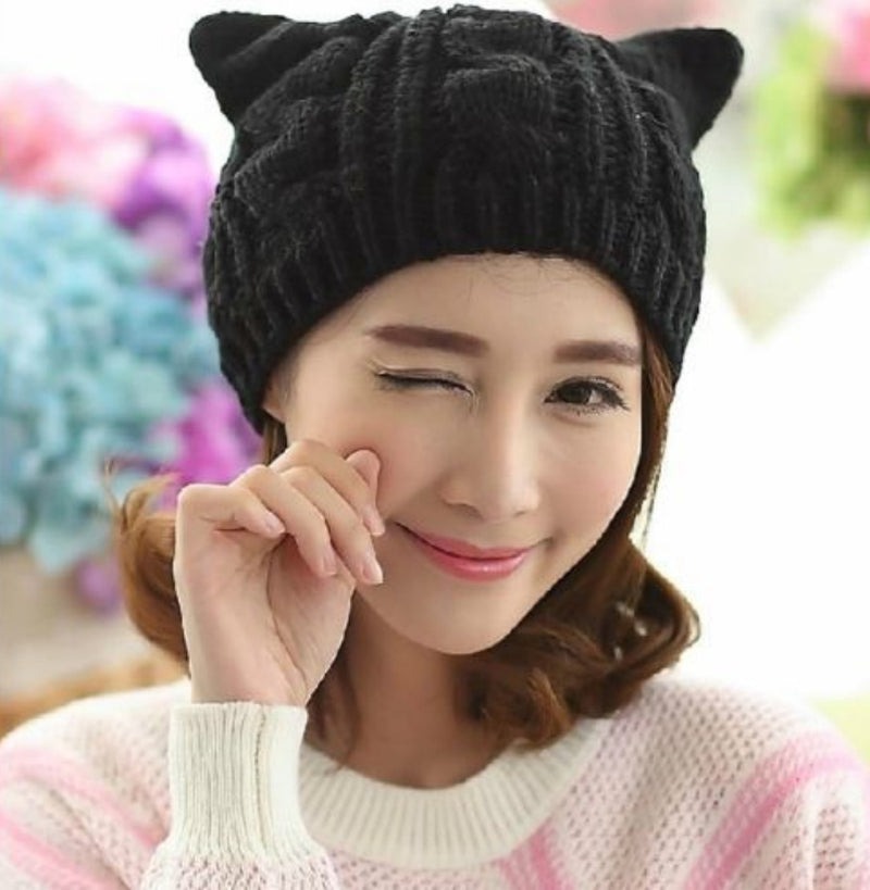 Hand Made 3D Cute Knitted Cat Ear Beanie for Winter