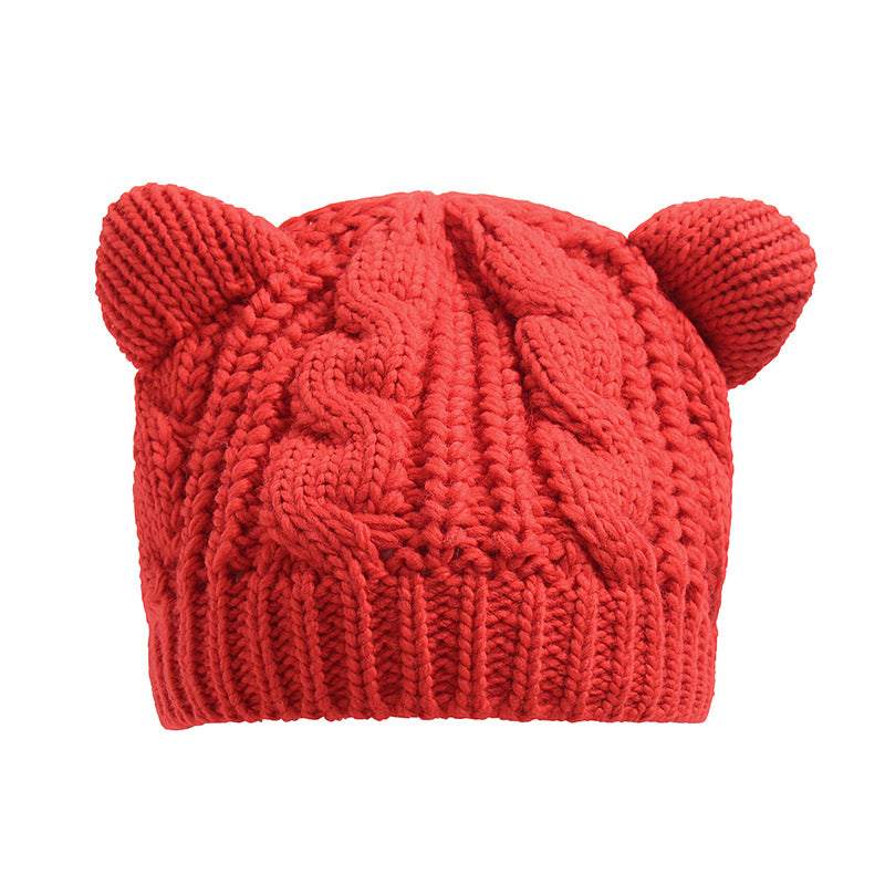 Hand Made 3D Cute Knitted Cat Ear Beanie for Winter