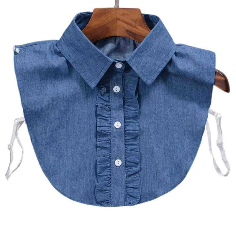 Minimalist Stripes Denim Women Detachable Lapel Fake Collar Cute Doll Ruffles Lace Splicing Button down False Half Shirt Blouse