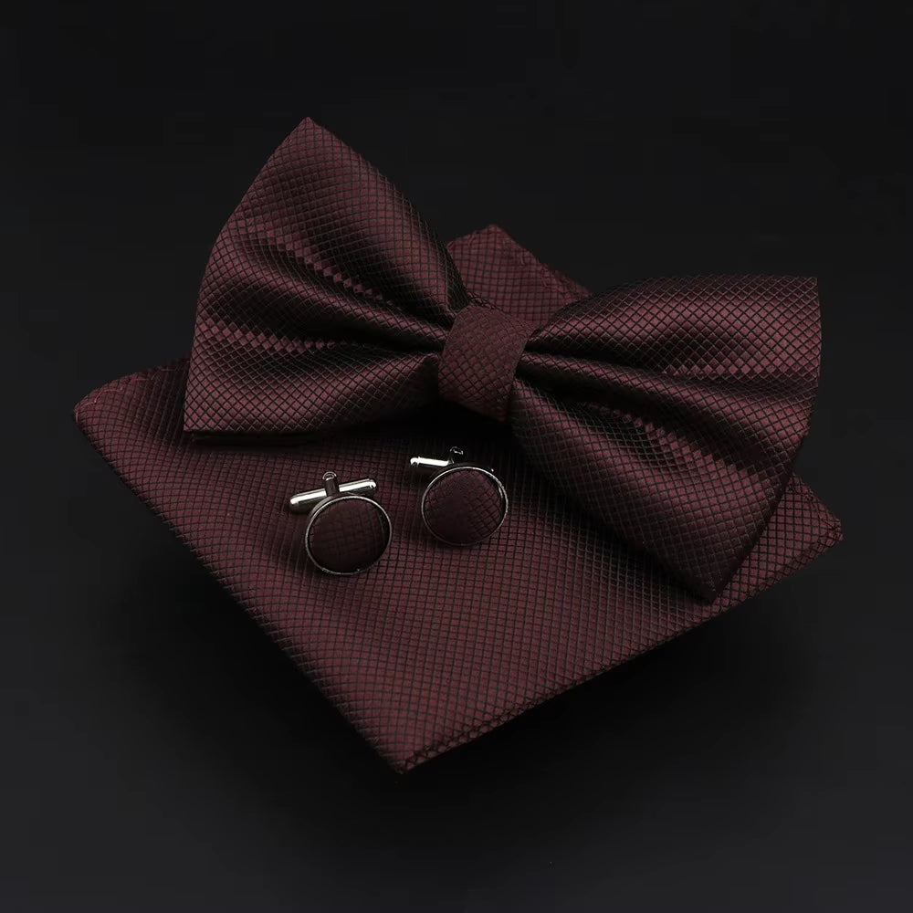 Solid Polyester Dots Bowtie Handkerchief Cufflinks Set Men Fashion Butterfly Party Wedding Bowties without Box Novelty Ties Gift