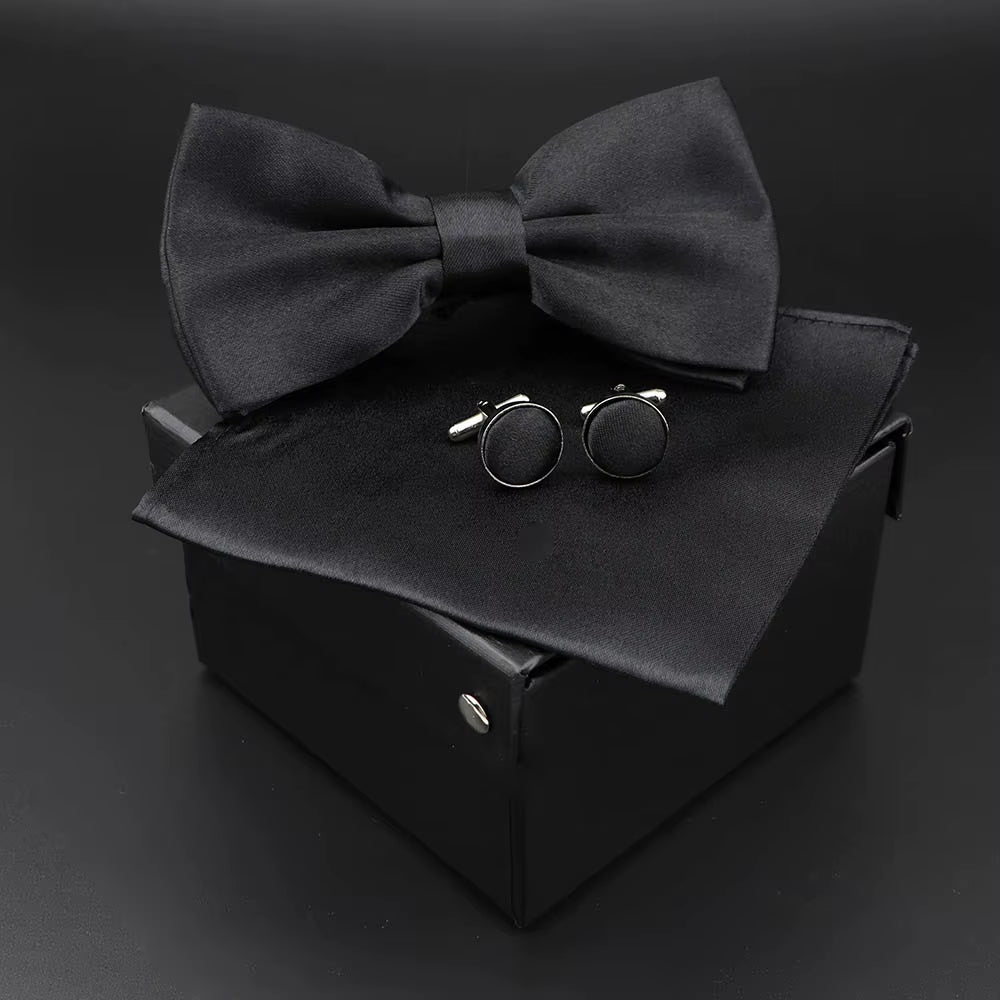 Solid Polyester Dots Bowtie Handkerchief Cufflinks Set Men Fashion Butterfly Party Wedding Bowties without Box Novelty Ties Gift