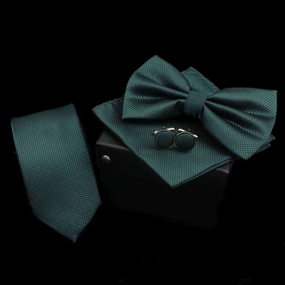 Solid Color Polyester Tie Bowtie Handkerchief Cufflinks Set Men Fashion Butterfly Wedding Necktie without Box Novelty Ties Gift