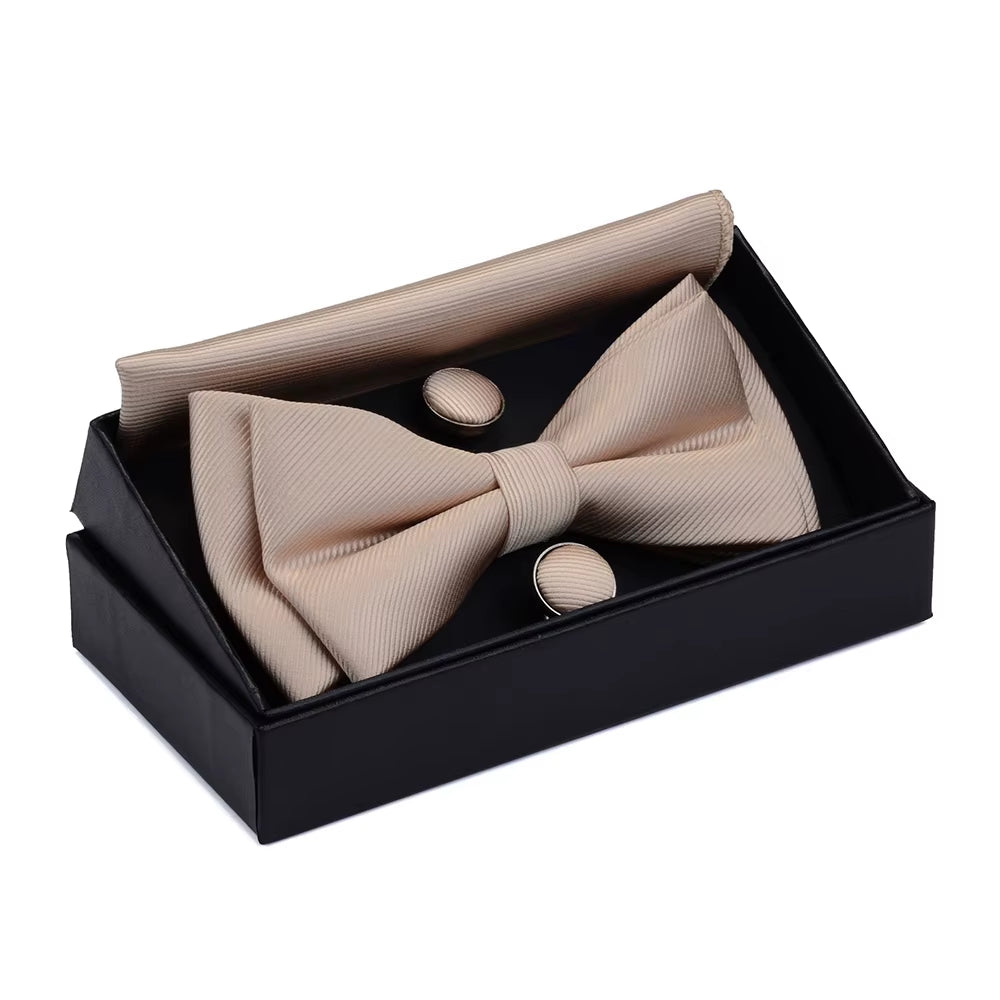 Quality Bowties for Wedding Mens Solid Color Two Layer Pre-Tied Bow Tie and Pocket Square Cufflinks Set with Gift Box