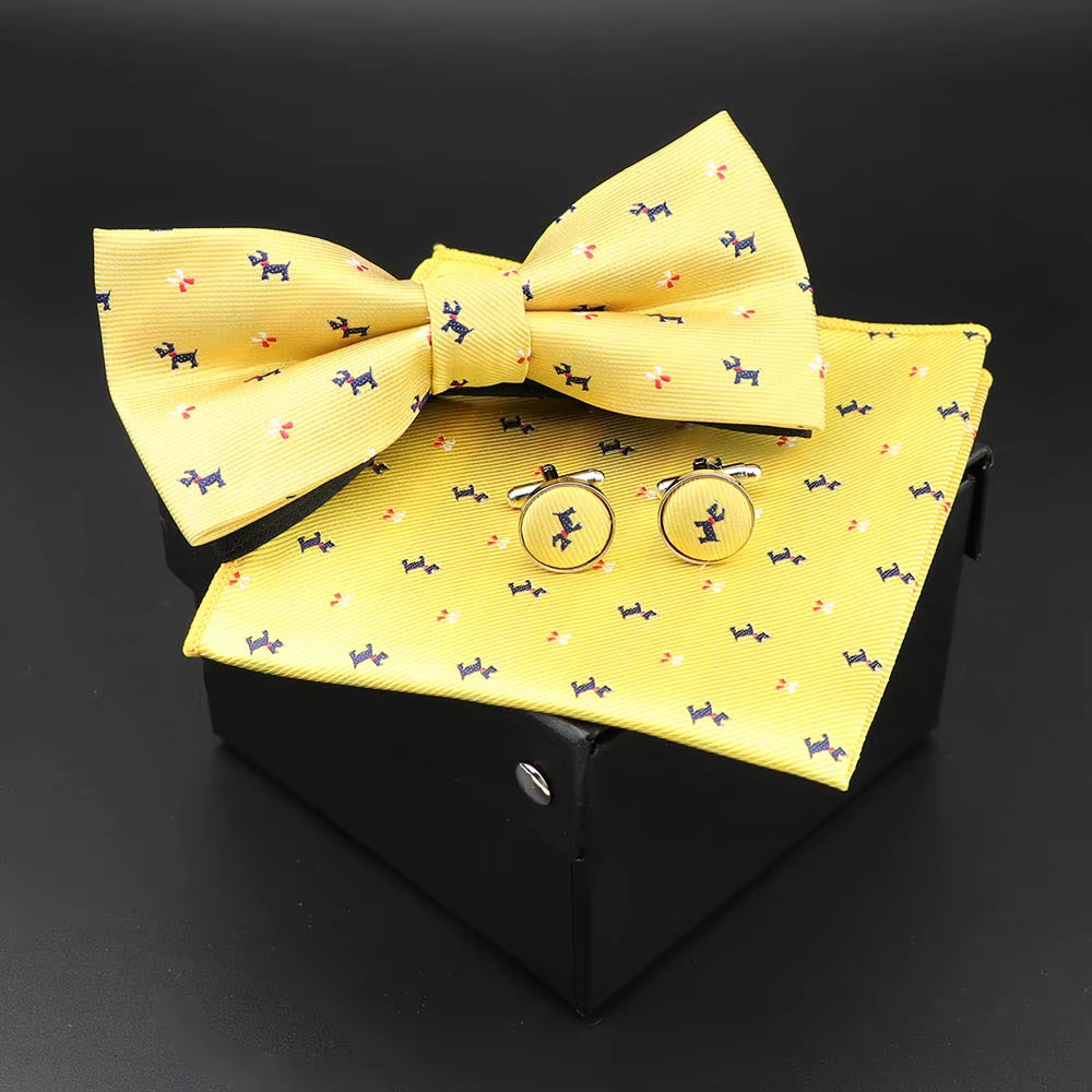 Solid Polyester Dots Bowtie Handkerchief Cufflinks Set Men Fashion Butterfly Party Wedding Bowties without Box Novelty Ties Gift