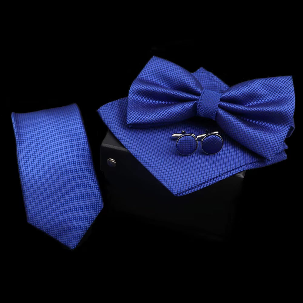 Solid Color Polyester Tie Bowtie Handkerchief Cufflinks Set Men Fashion Butterfly Wedding Necktie without Box Novelty Ties Gift