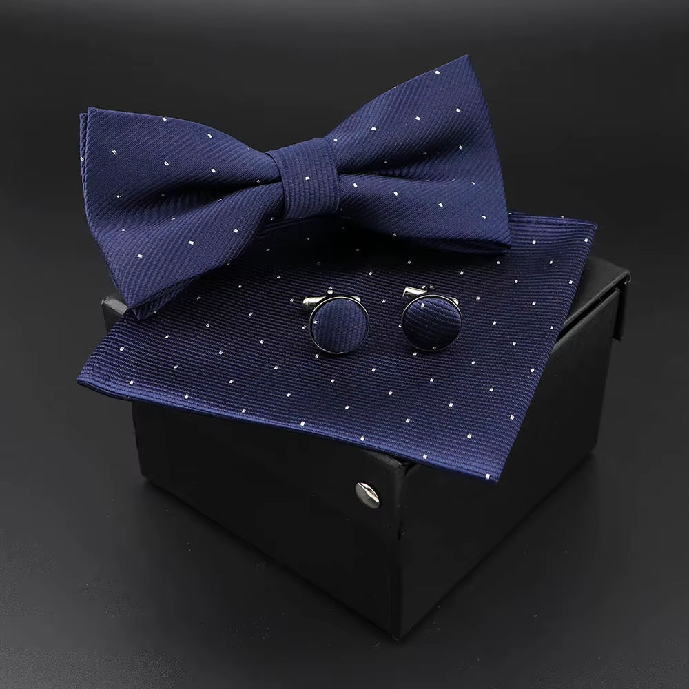 Solid Polyester Dots Bowtie Handkerchief Cufflinks Set Men Fashion Butterfly Party Wedding Bowties without Box Novelty Ties Gift