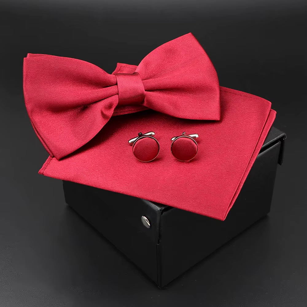 Solid Polyester Dots Bowtie Handkerchief Cufflinks Set Men Fashion Butterfly Party Wedding Bowties without Box Novelty Ties Gift