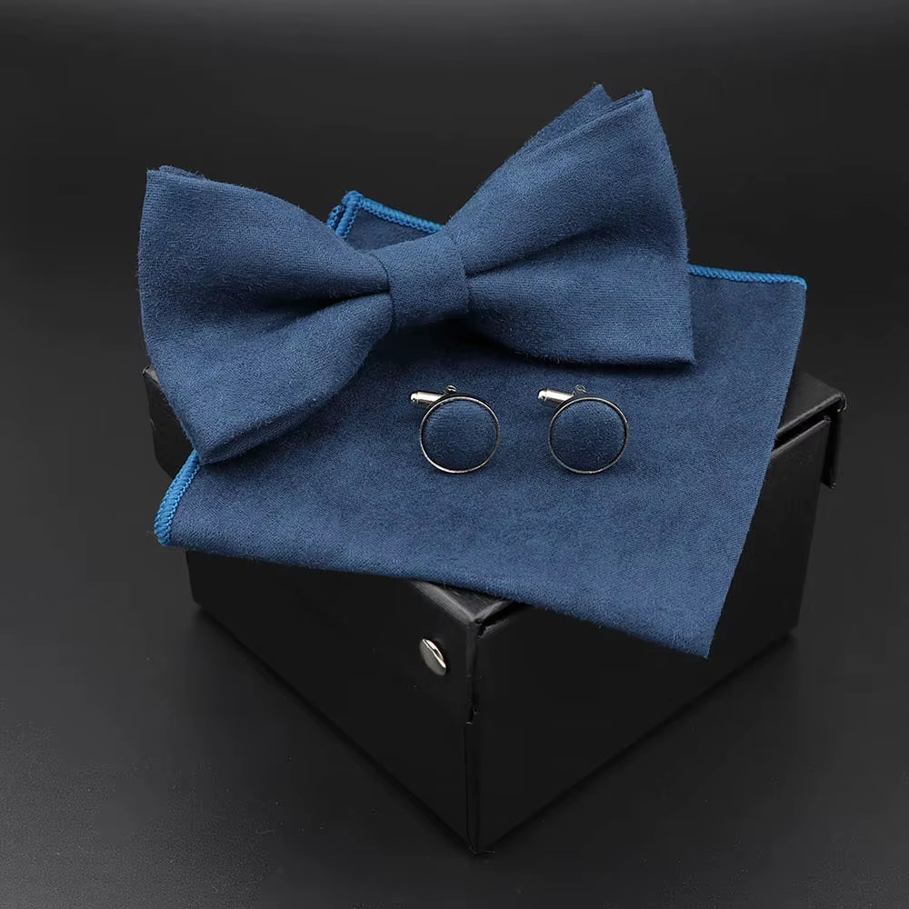 Solid Polyester Dots Bowtie Handkerchief Cufflinks Set Men Fashion Butterfly Party Wedding Bowties without Box Novelty Ties Gift