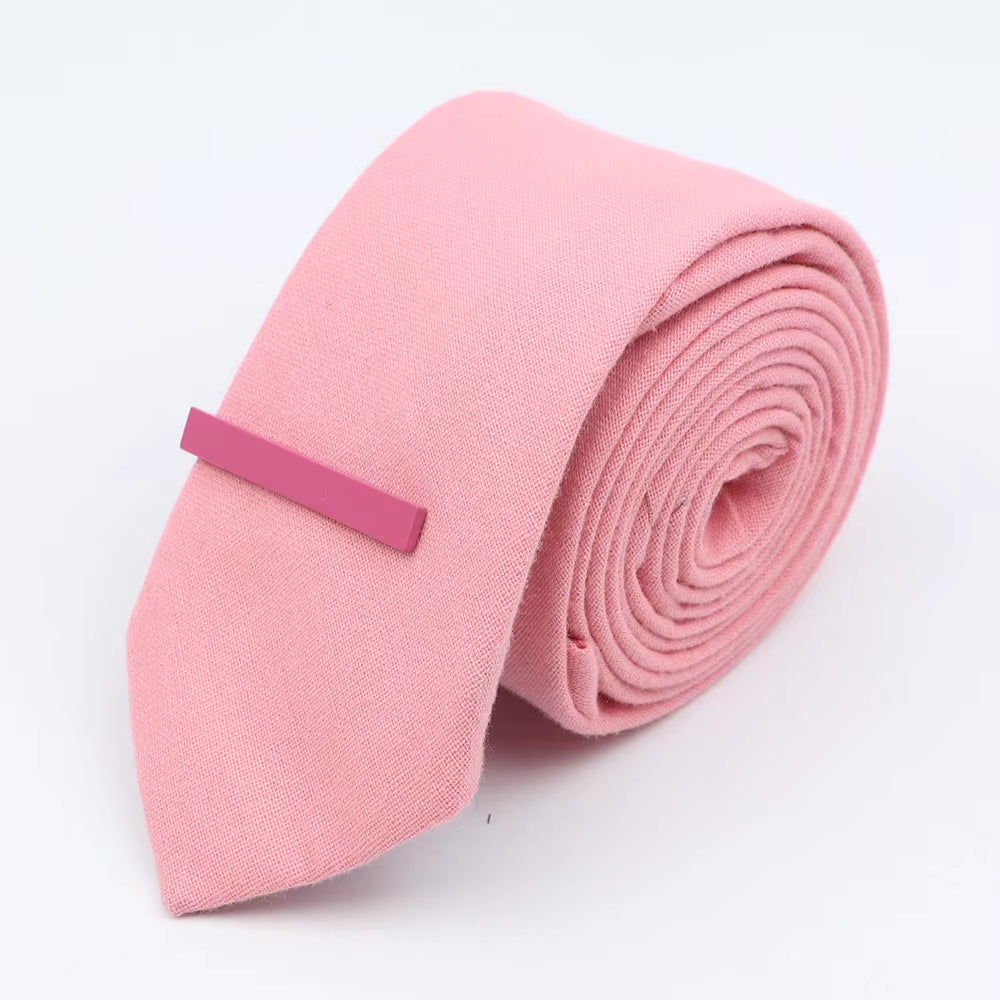 Tie&Clip Set Fashion 6Cm Solid Color Linen/Cotton Necktie Bright Ties Pin Clips Clasp Colourful for Men'S Clothing Accessories