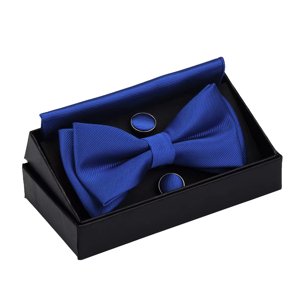 Quality Bowties for Wedding Mens Solid Color Two Layer Pre-Tied Bow Tie and Pocket Square Cufflinks Set with Gift Box