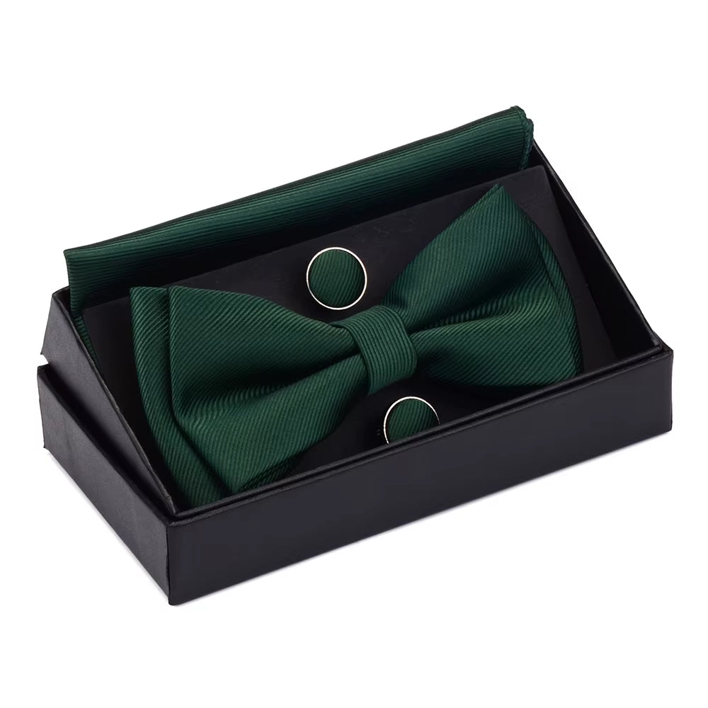 Quality Bowties for Wedding Mens Solid Color Two Layer Pre-Tied Bow Tie and Pocket Square Cufflinks Set with Gift Box