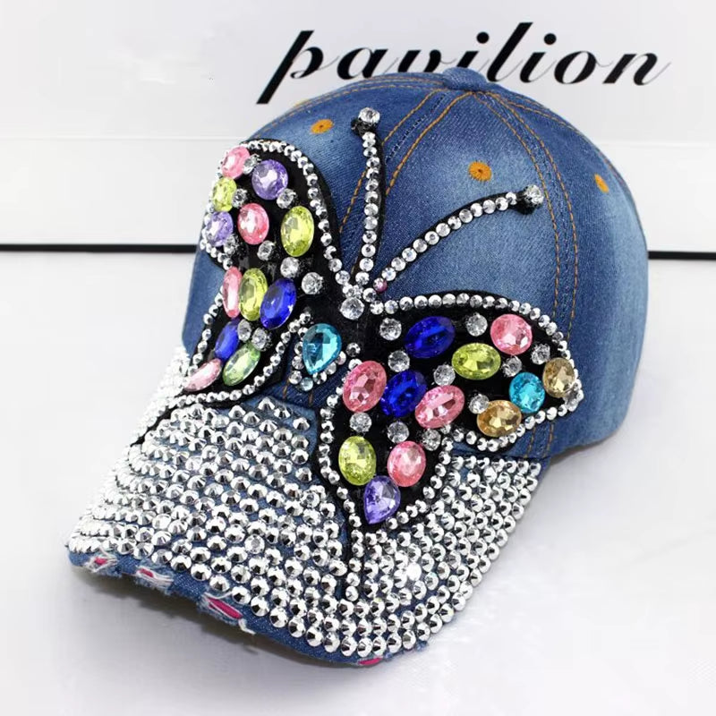 2017 Fall Baseball Cap Women Full Crystal Colorful Big Butterfly Hat Denim Bling Rhinestone Snapback Caps Casquette Summer Hats