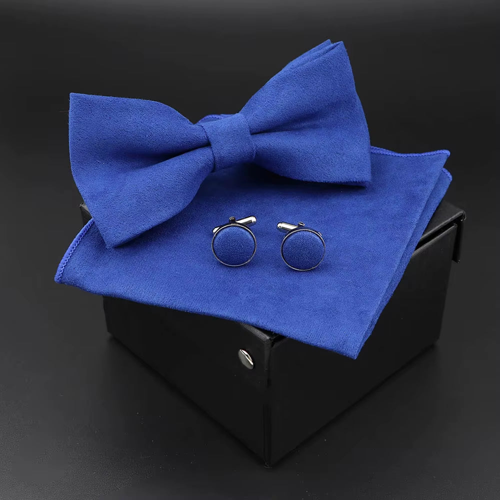 Solid Polyester Dots Bowtie Handkerchief Cufflinks Set Men Fashion Butterfly Party Wedding Bowties without Box Novelty Ties Gift