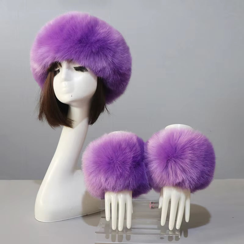 One Set Women Faux Fox Fur Cuffs + Headband Winter Warmer Hat Arm Wrist Sleeve Gloves Female Faux Fur Cap+Elastic Wristband