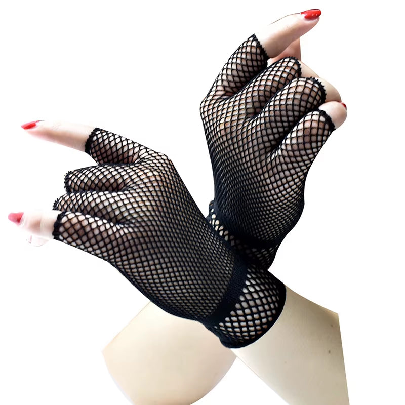 Solid Color High Quality Fingerless Short Fishnet Gloves Fish Net Black Fancy Party Dance Club Nylon Spandex Mesh Short Gloves