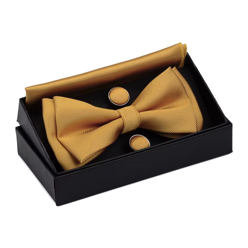 Quality Bowties for Wedding Mens Solid Color Two Layer Pre-Tied Bow Tie and Pocket Square Cufflinks Set with Gift Box