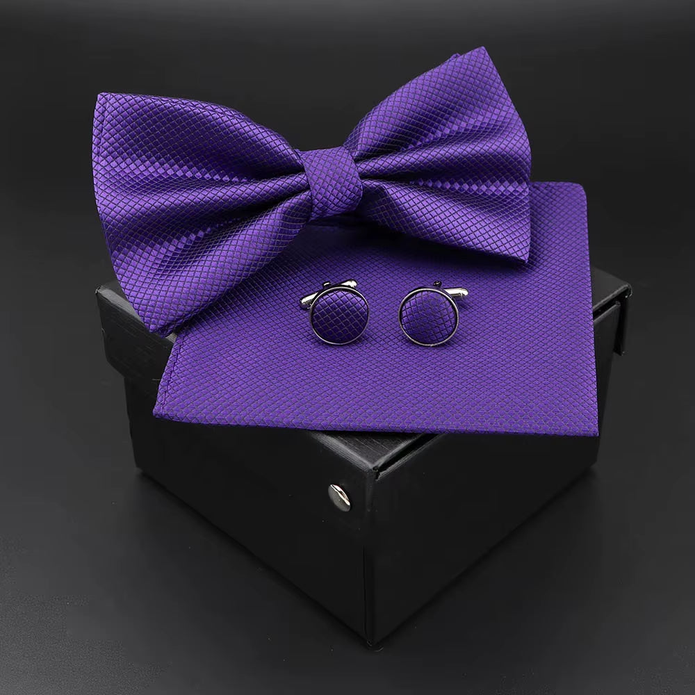 Solid Polyester Dots Bowtie Handkerchief Cufflinks Set Men Fashion Butterfly Party Wedding Bowties without Box Novelty Ties Gift