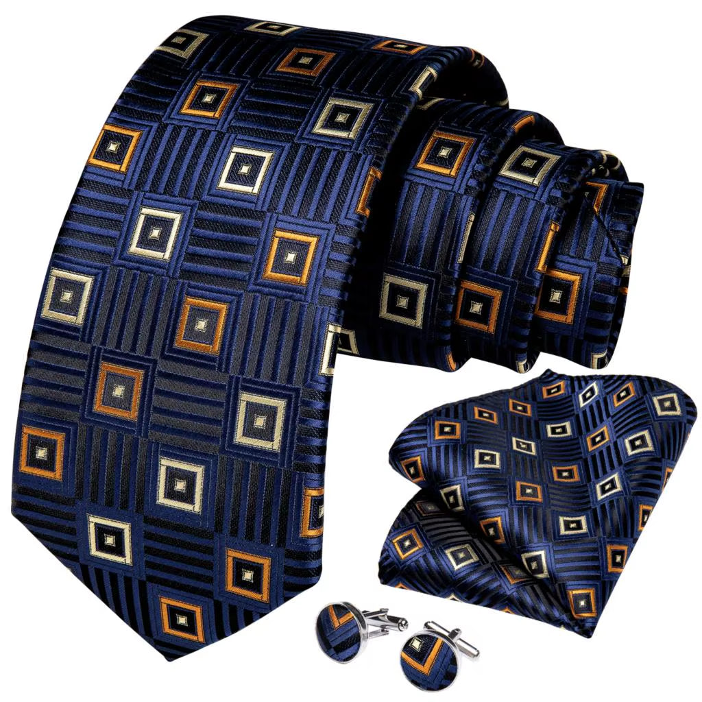 8Cm Blue Plaid Paisley Dot 100% Silk Men Tie Business Formal Wedding Party Necktie Hanky Cufflinks Set Mens Ties Gift