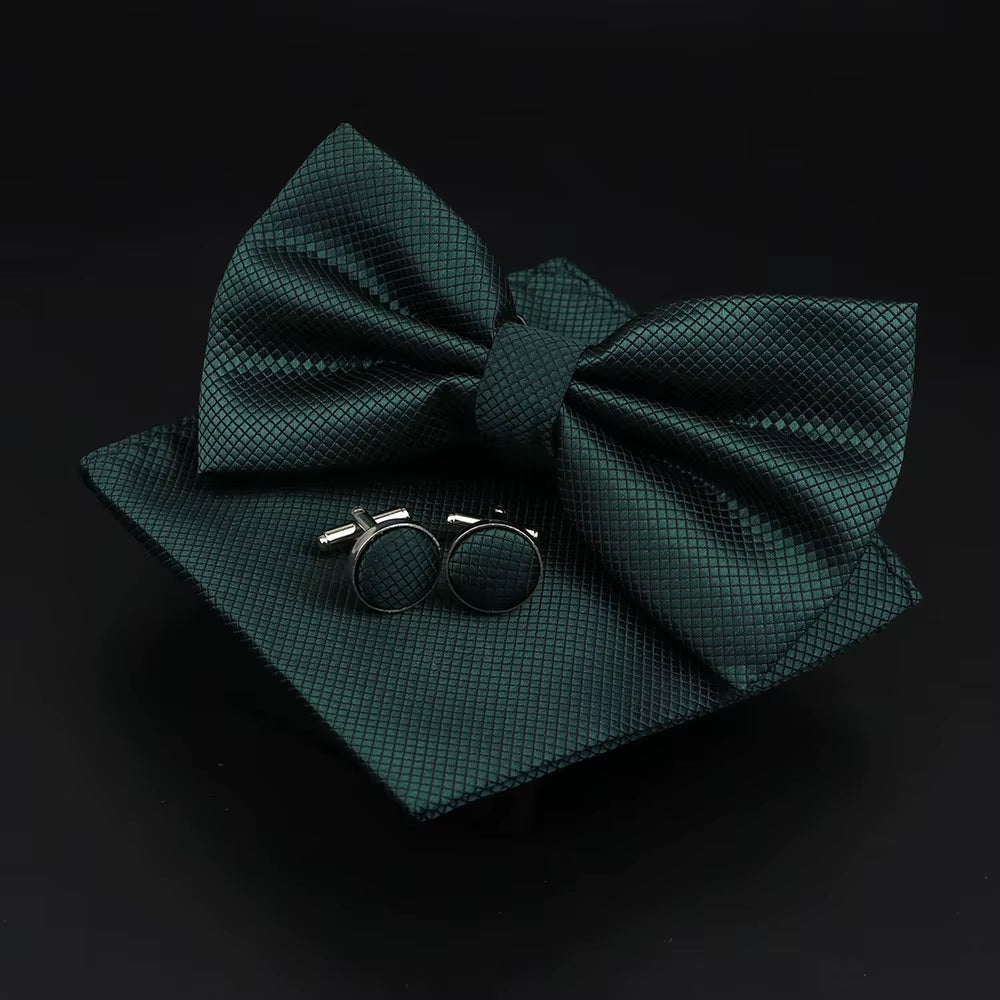 Solid Polyester Dots Bowtie Handkerchief Cufflinks Set Men Fashion Butterfly Party Wedding Bowties without Box Novelty Ties Gift