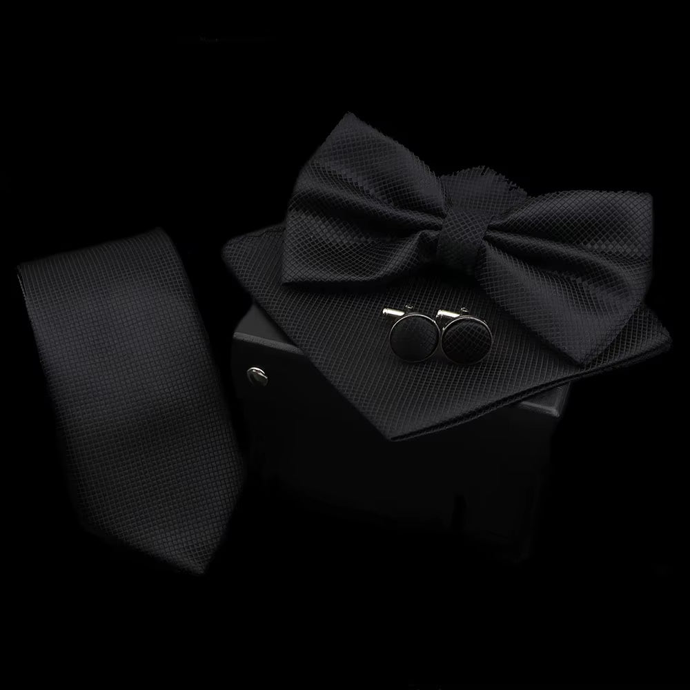 Solid Color Polyester Tie Bowtie Handkerchief Cufflinks Set Men Fashion Butterfly Wedding Necktie without Box Novelty Ties Gift