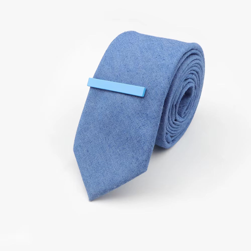 Tie&Clip Set Fashion 6Cm Solid Color Linen/Cotton Necktie Bright Ties Pin Clips Clasp Colourful for Men'S Clothing Accessories