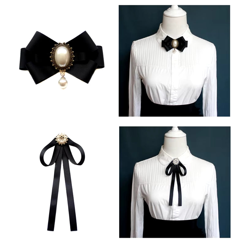 Imitation Pearl Ribbon Brooches Pin Bow Tie Vintage Pre-Tied Collar Jewelry Bowknot Shirt Necktie Clip for Women Girls