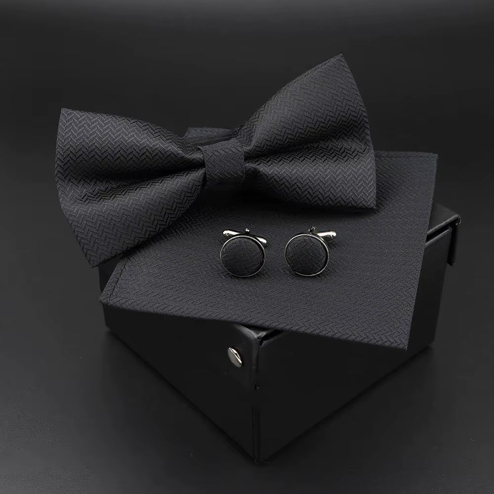 Solid Polyester Dots Bowtie Handkerchief Cufflinks Set Men Fashion Butterfly Party Wedding Bowties without Box Novelty Ties Gift