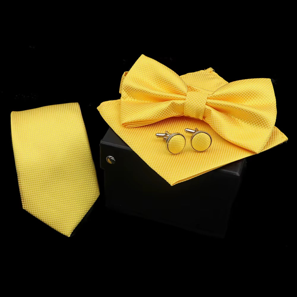 Solid Color Polyester Tie Bowtie Handkerchief Cufflinks Set Men Fashion Butterfly Wedding Necktie without Box Novelty Ties Gift